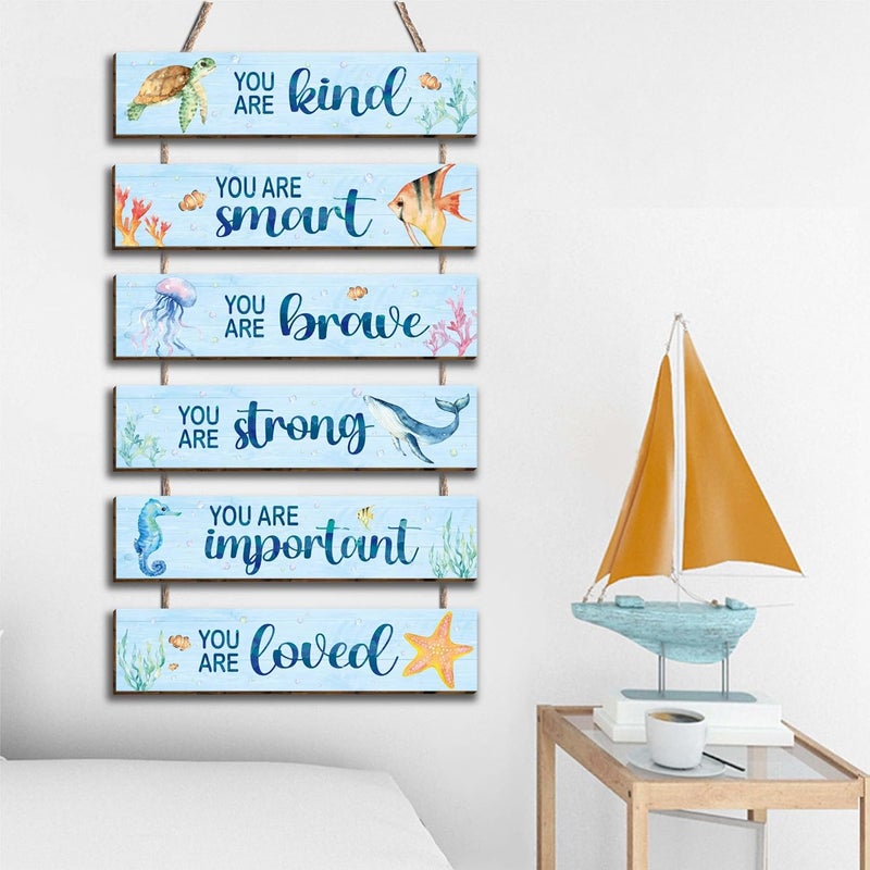 Kadiak 6 Pcs Ocean Decor Kids Room Placards of Wood Decor, Watercolor Ocean Inspirational Positive Quotes Works of art of Wood Wall Art Hanging Sign for Teens Children Bedroom Princess Toddler Room - Image 3